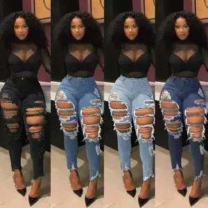 Personality Fashion Ripped Women Beggar Denim Skinny Pants Blue Bottoms