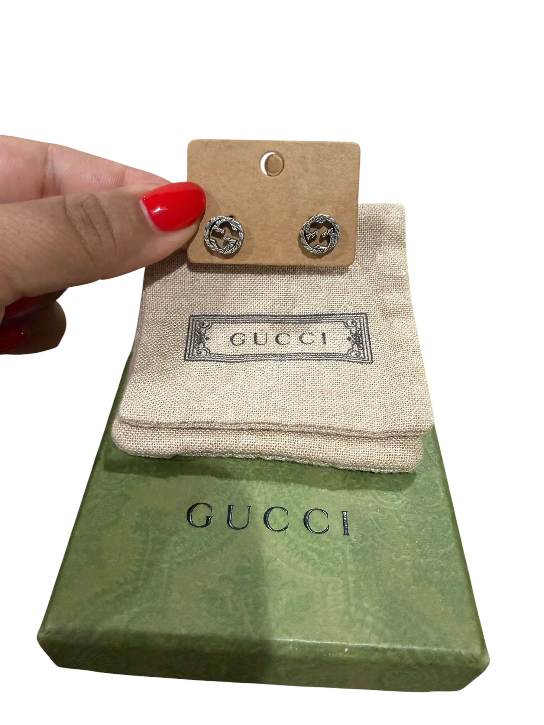 Pre-owned Gucci Interlocking GG Silver Stud Earrings Full Set Perfect for Daily Use