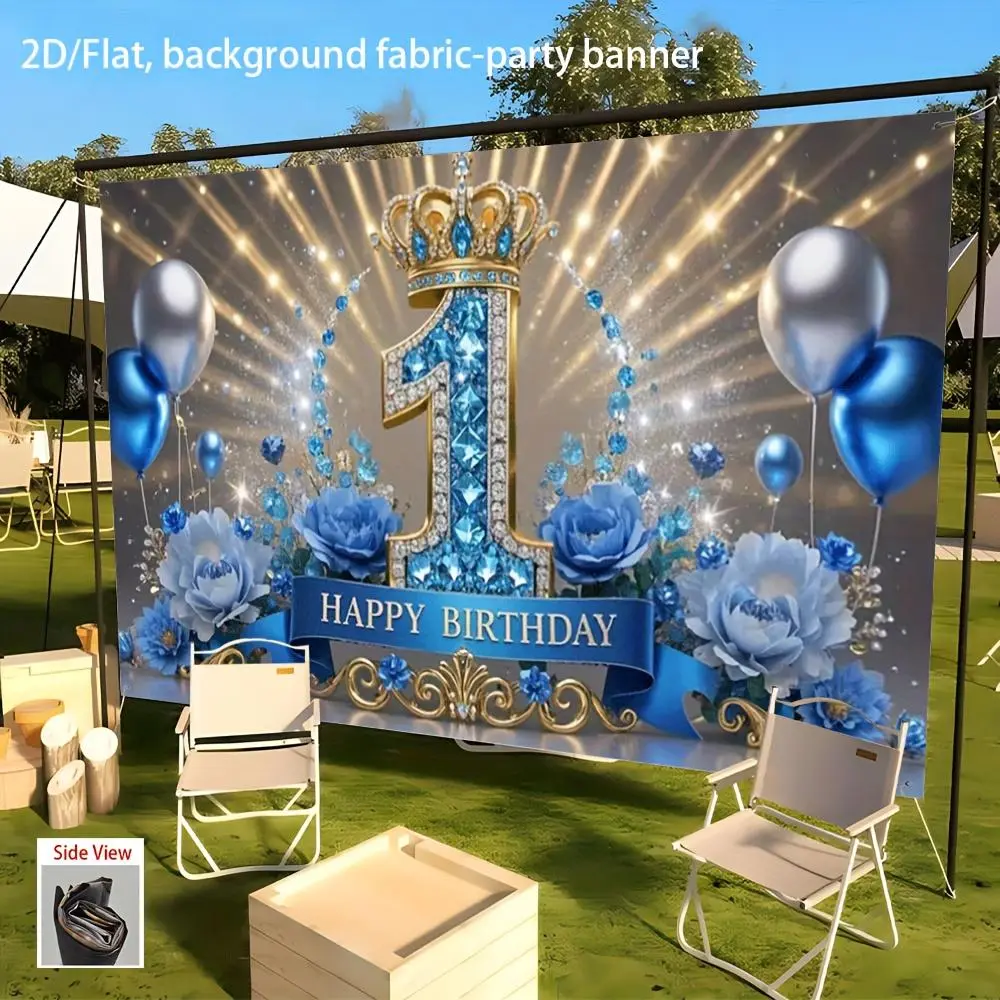 1pc 2D Flat First Birthday Backdrop Banner - Blue & Golden Crown, Balloon Designs, Durable Polyester Fabric, No Electricity Needed, Indoor/Outdoor Festive Party Decoration Supplies