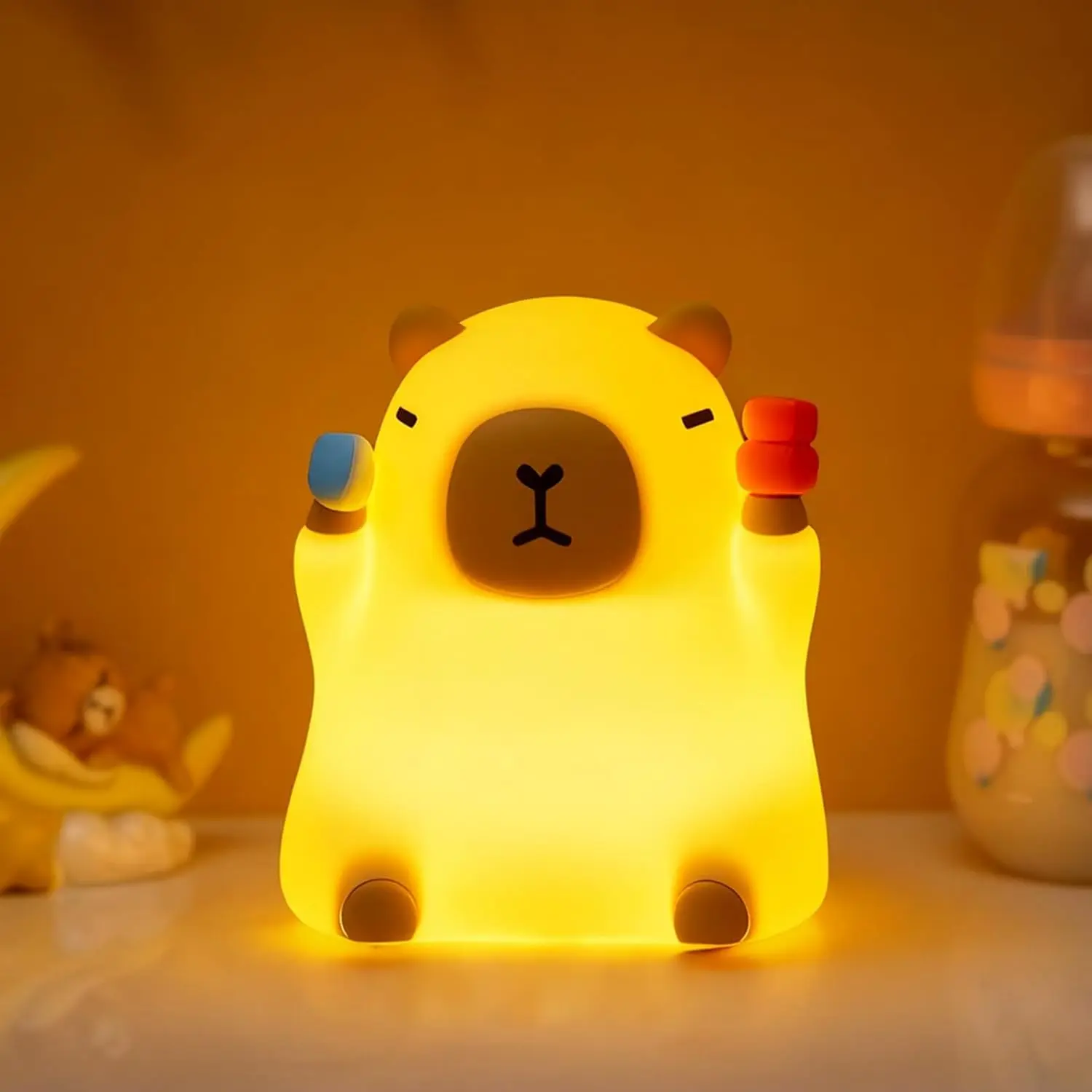 Cute Capybara LED Night Light, Rechargeable 3 Level Dimmable Silicone Night Lights，Funny Office Desk and Home Bedroom Lighting Decor ，Perfect Gift For Family and Friend，Birthday gift, Led Nightlight