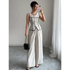 Women's White Casual Elegant Button Vest Wide Leg Pants Two Piece Suit Woman, 2 Pcs Vacation Set for Women, Summer Fall Womenswear S-XL