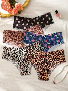 5 Pack Women's Seamless Shell Shape Underwear, Comfortable Breathable Elastic Triangle Panties, Stylish Leopard Print for All Seasons, Fashion Breathable Underwear, Fashion Comfy Underwear