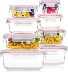 Premium Borosilicate Glass Food Storage Containers 8 Pack Stackable Square Design with Airtight Lids Green Rectangle Safe for Oven Microwave Freezer High Temperature Durable Kitchen Utensils