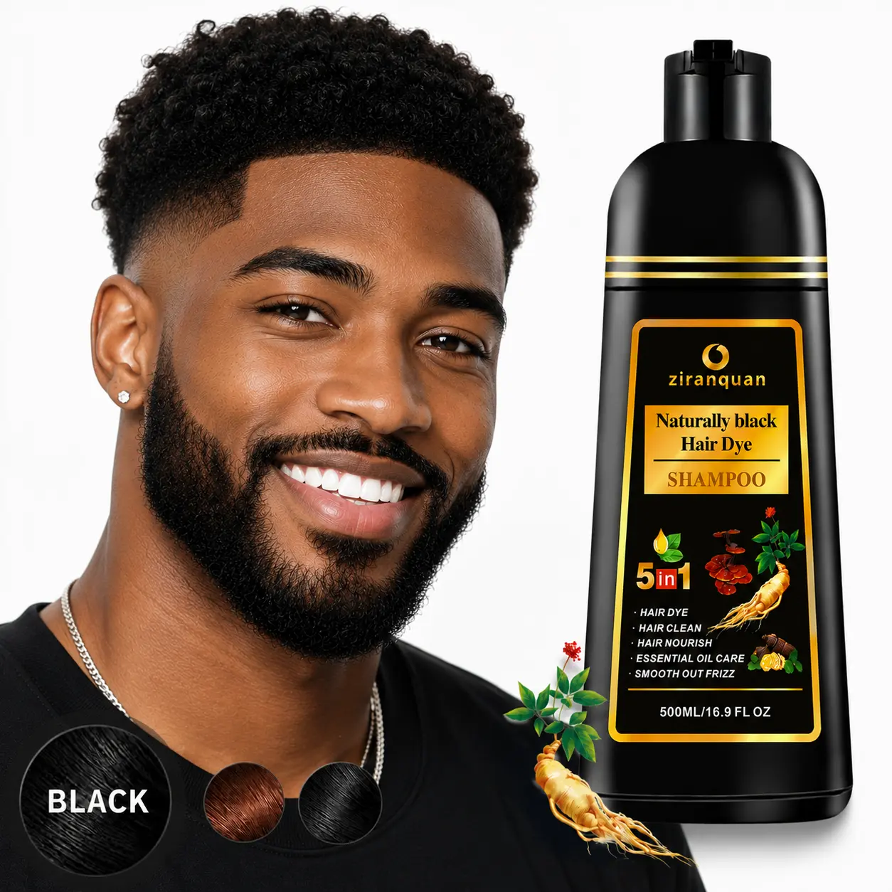 Instant Black Hair Dye Shampoo 5-in-1 for Women & Men - 100% Gray Hair Coverage - Herbal Color Depositing Shampoo with Ginseng - Ammonia-Free Sulfate-Free PPD-Free - At Home Salon Quality Dye Fast 10 Min Easy No Mix Application - 500ml (16.9 fl oz)
