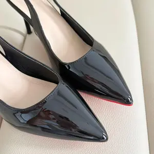 Women Trendy Patent Leather 8cm High Heels Red Bottom Scarpins Elegant Nude Valentine Date Shoes Lady Concise Slingback Sandals
