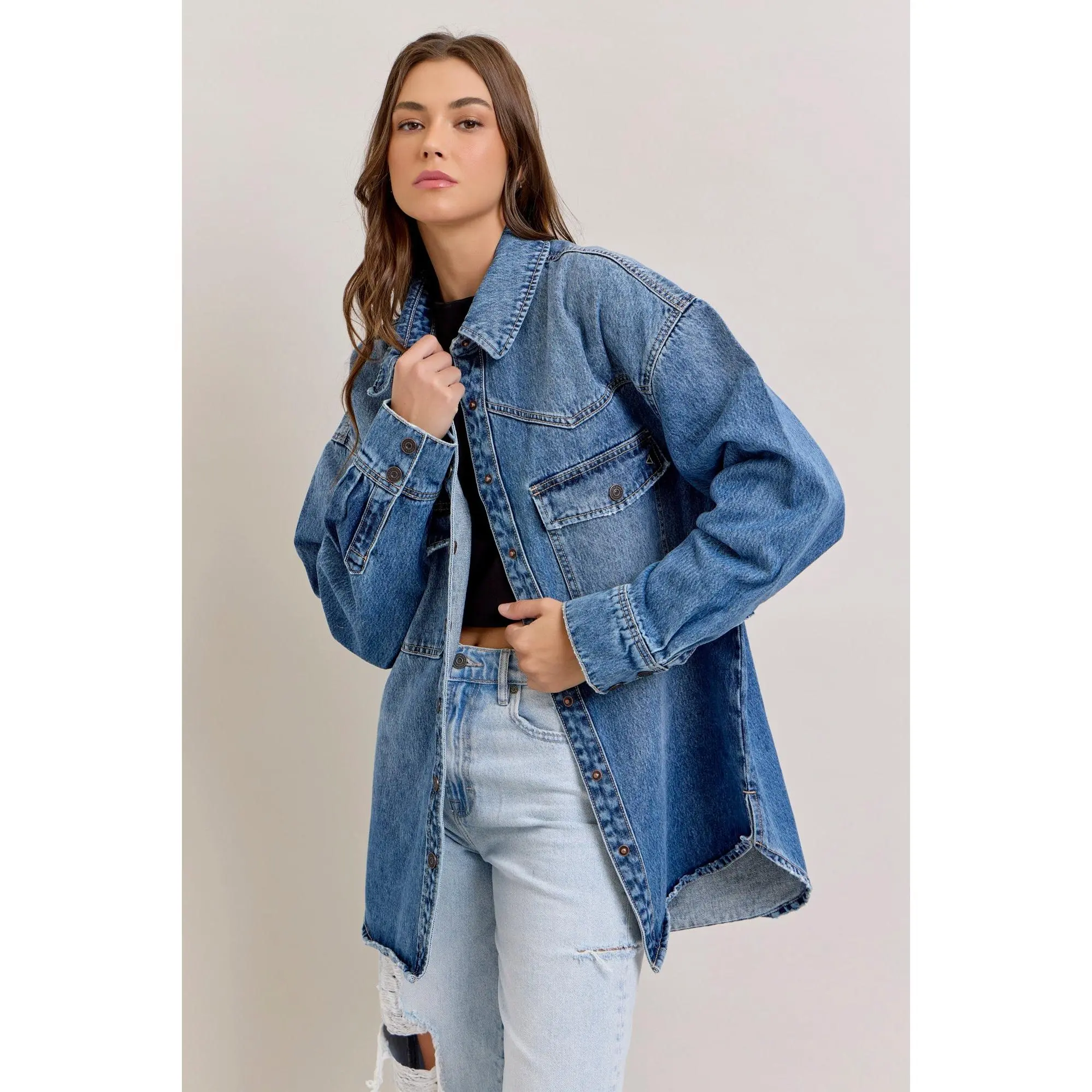 [ABBEY] MEDIUM DARK WASH OVERSIZE WESTERN ABBY SHIRT