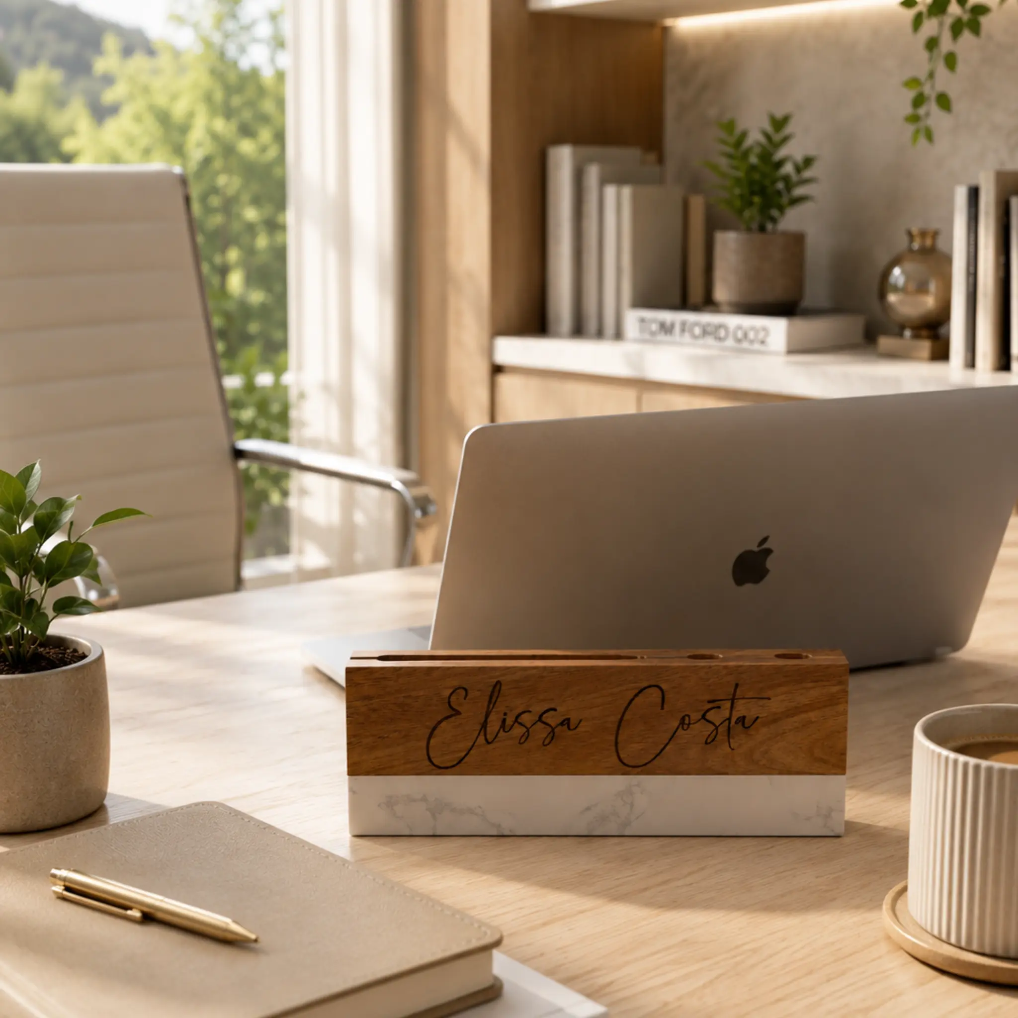 Personalized Acacia Wood & Marble Desk Name Plate
