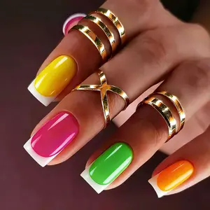 24pcs Press-On Nails Set, Summer Multicolor Design Fluorescent Square French Glossy False Nails, Includes Jelly Glue & File
