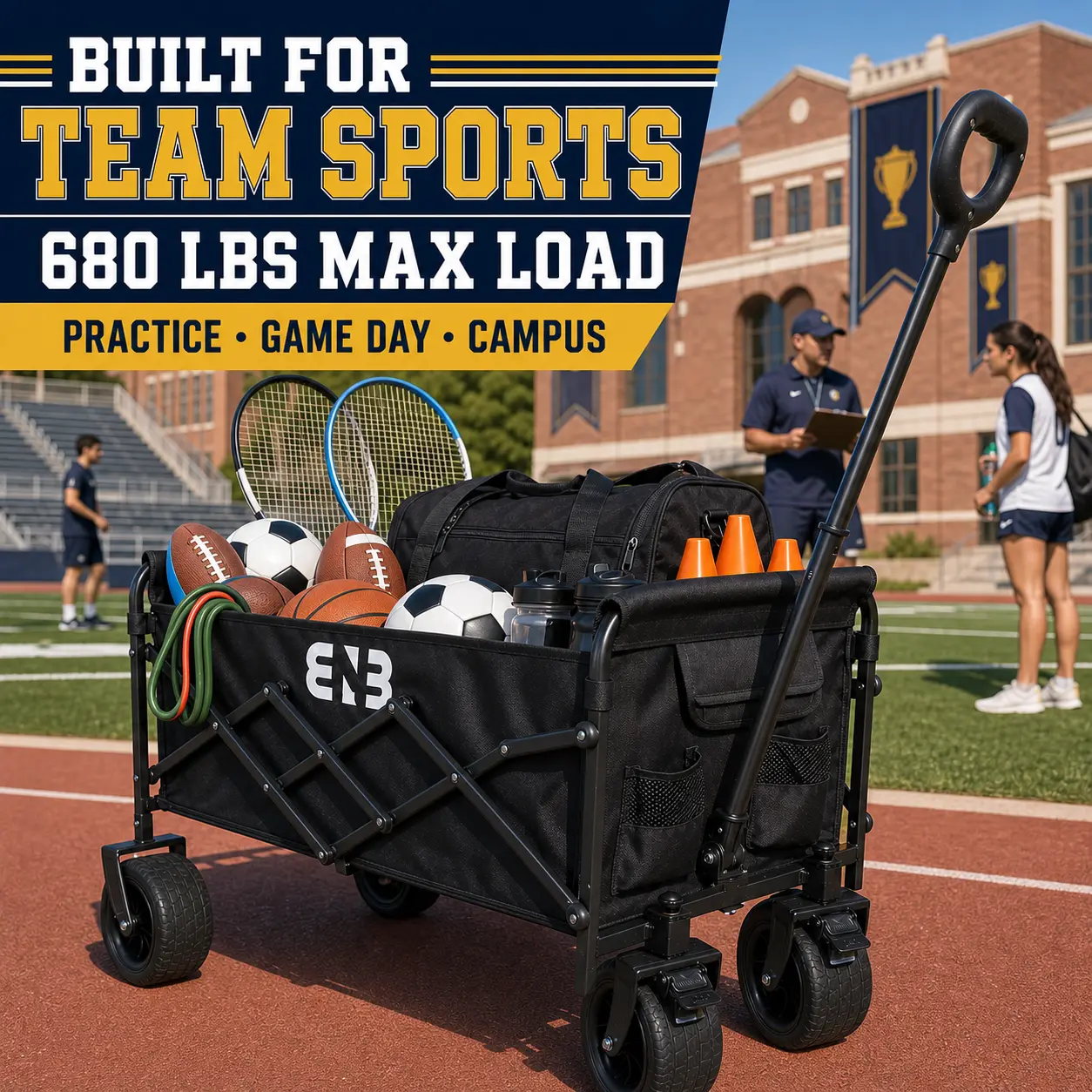 ENB heavy-duty foldable track & field equipment transport vehicle; track & field transportation tool; multifunctional sports vehicle and transporter equipped with 360° all-terrain wheels, handle, and 600D Oxford fabric; suitable for training, competition