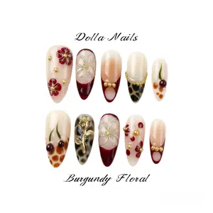 100% Handmade 3D Almond Press-On Nails Reusable Fake Nails with Flower & Leopard Print Design Salon-Quality Manicure for Daily Wear & Special Occasions - Aesthetic, Cream