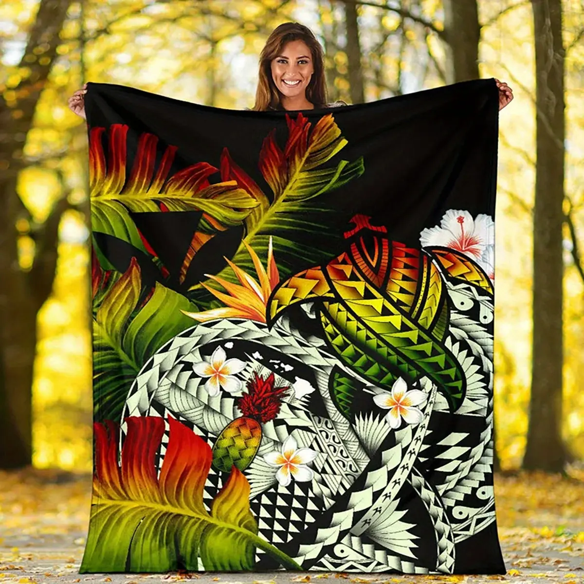 Super Soft Polynesian Samoan Tribal Print Throw Blanket - Black with Vibrant Floral and Geometric Design, Polyester, All-Season Use, Vintage Style, Large Size, Perfect for Home Decor or Outdoor Use, Outdoor Decor Blanket |     Vibrant Print Blanket |