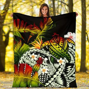 Super Soft Polynesian Samoan Tribal Print Throw Blanket - Black With Vibrant Floral And Geometric Design, Polyester, All-Season Use, Vintage Style, Large Size, Perfect For Home Decor Or Outdoor Use, Outdoor Decor Blanket |   Vibrant Print Blanket |   Dura