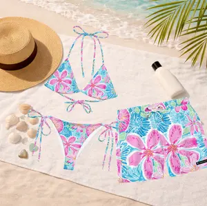 Beverly Hills Tropical Floral Matching Swimwear 2026, Women's String Bikini & Men's Swim Trunks, Pink Blue Luxury Couple Swimsuits, Resort Beachwear, Honeymoon Vacation Outfit