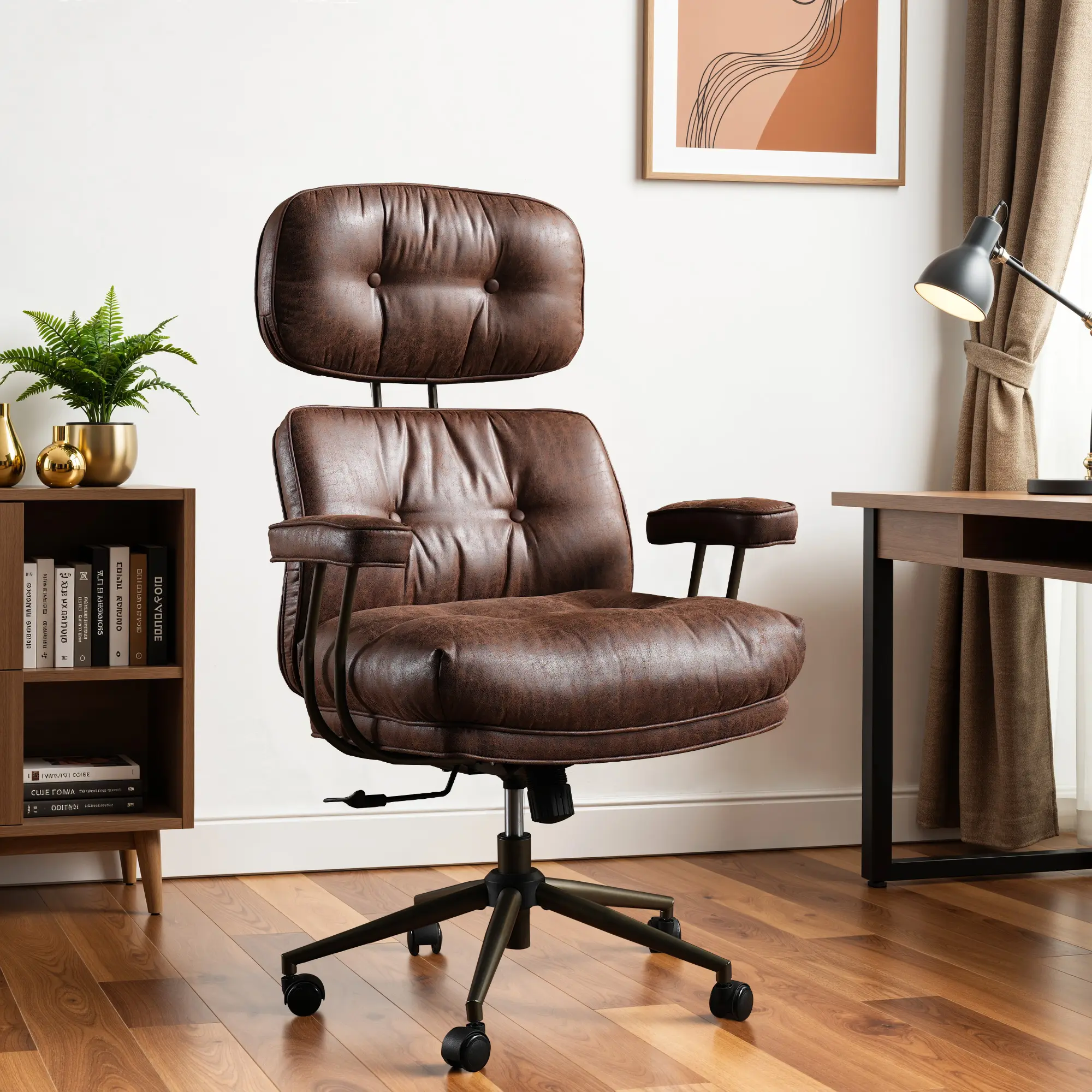ALLWEX Mid-Century Modern Leather Executive Office Chair - Ergonomic Desk Chair with Adjustable Height, Lumbar Support, 120° Reclining Backrest, Thick Cushion Seat, Removable Armrests for Home Office Use