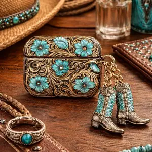 Turquoise Floral AirPods Case, Western Style 2D Printed Design, No Keychain Included, Leather & Denim Accessories For Airpod Gen 1 2 3 4 Pro