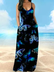 Base Blue Butterfly Print Halter Beach Long Dress, Vacation Style Slimming A-Line Dress, Summer Commute Travel Essential