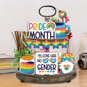 Pride Month Theme Wooden Tiered Tray Decor Set, 1 Set Rainbow Dwarf Star Pattern Decorative Plaques and Ornaments, Home Decor, Party Holiday Decor