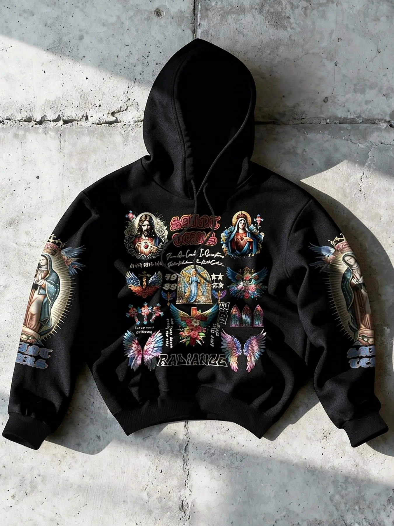 Men’s and women’s styles for autumn and winter, featuring fleece lining and a hood. Jesus-themed pattern print, Christian cultural elements. Suitable for followers of Christianity. Stylish and trendy Y2K outfit for daily outings, street fashion, versatile
