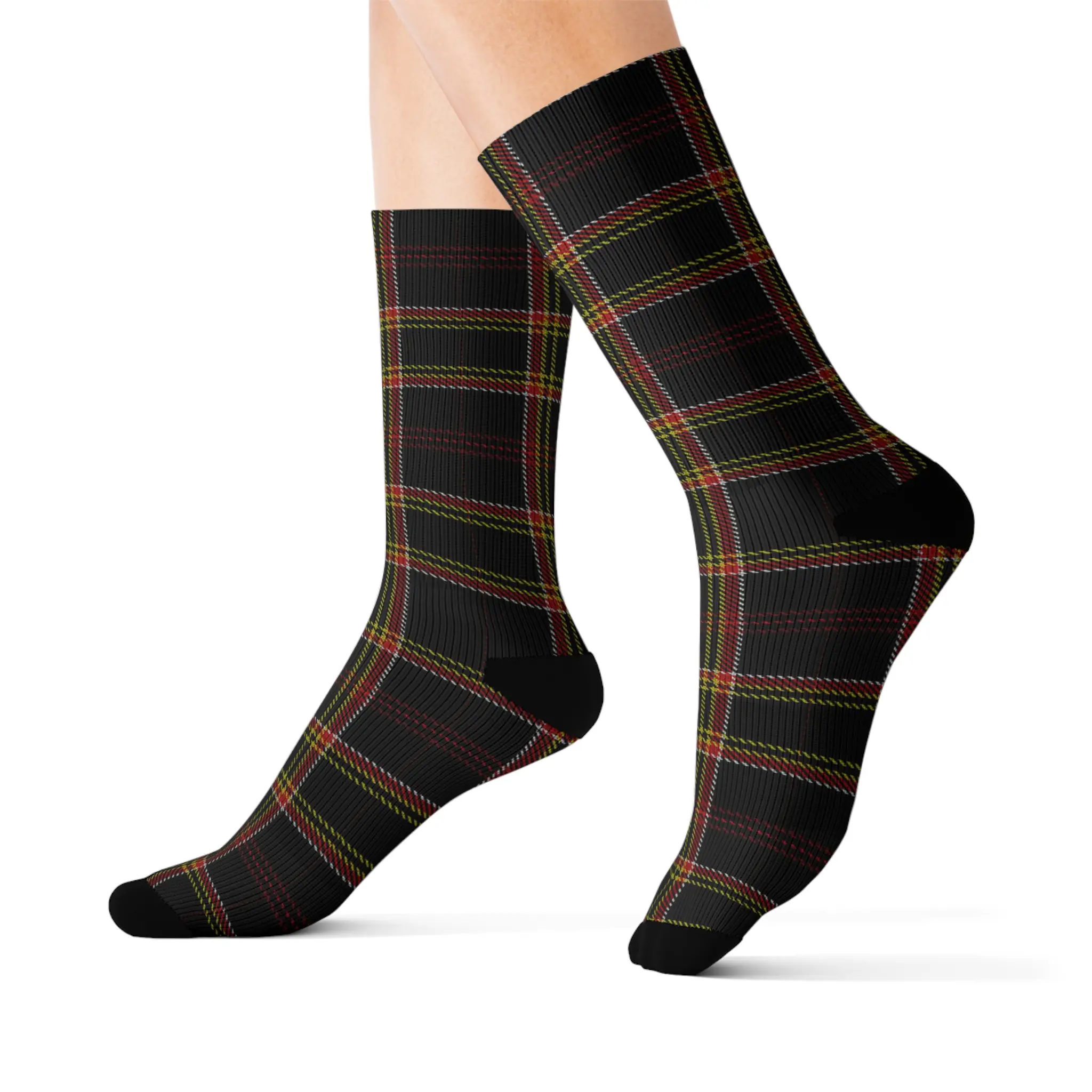 Plaid Red Black Gold Sublimation Socks for Klit Lovers, Tartan Print, Checkered Footwear, Fun Patterned Crew Socks, Unique Gift Ideas