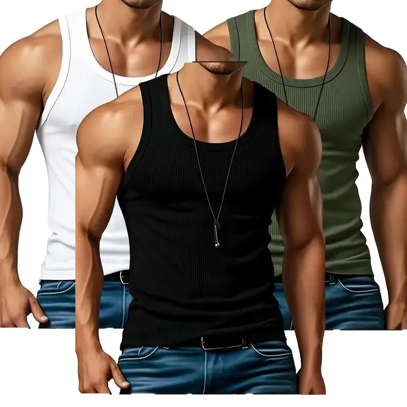 3-pack men’s ribbed knit tank tops—lightweight, solid-color sleeveless casual athletic tops suitable for the gym, everyday wear, sports, and outdoor workouts Summervibes