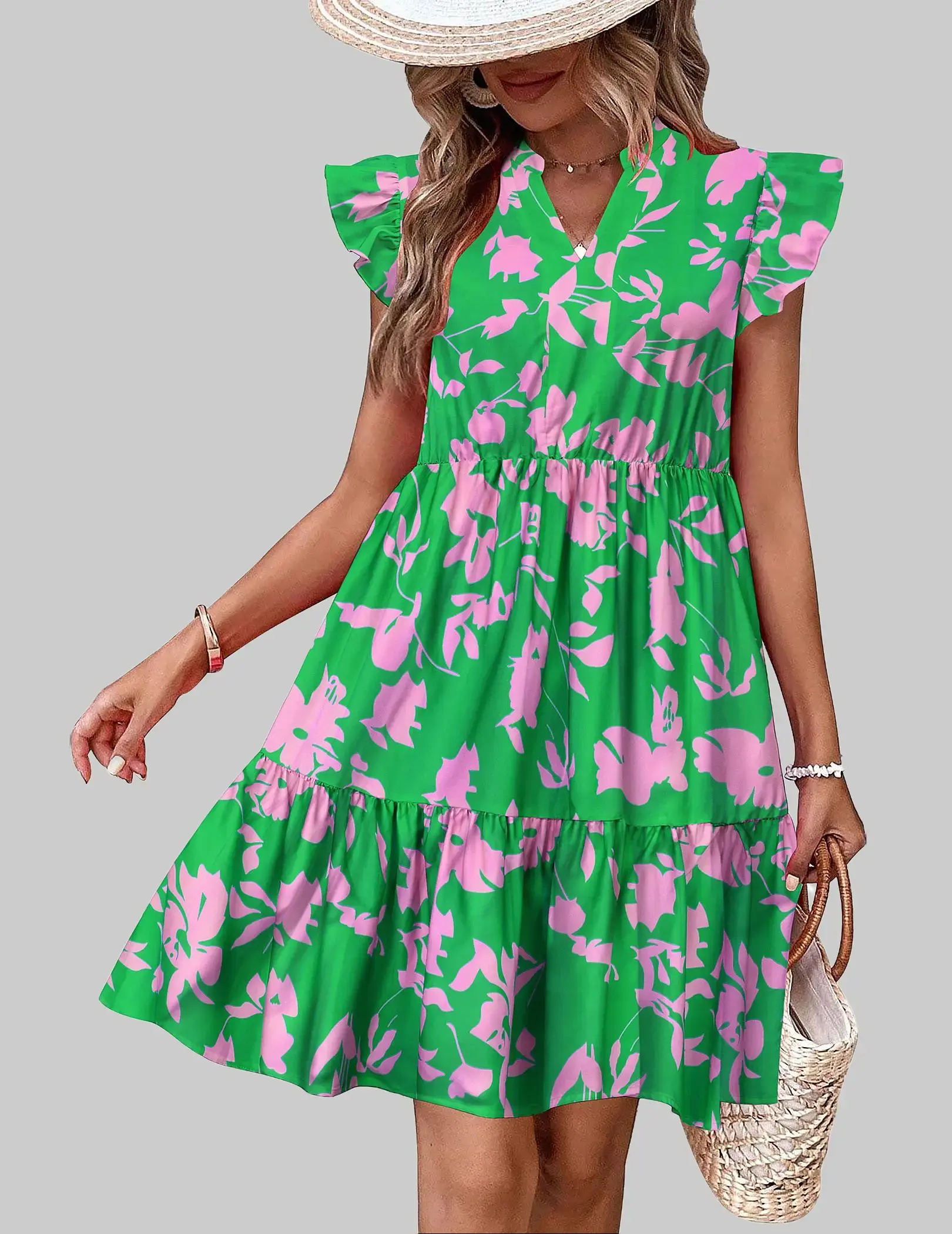 Women's Floral Printed Ruffle Sleeve Tiered Mini Dress - Straight Shoulder Bohemian V Neck Casual Womenswear