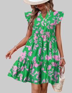 Women's Floral Printed Ruffle Sleeve Tiered Mini Dress - Straight Shoulder Bohemian V Neck Casual Womenswear summerwins