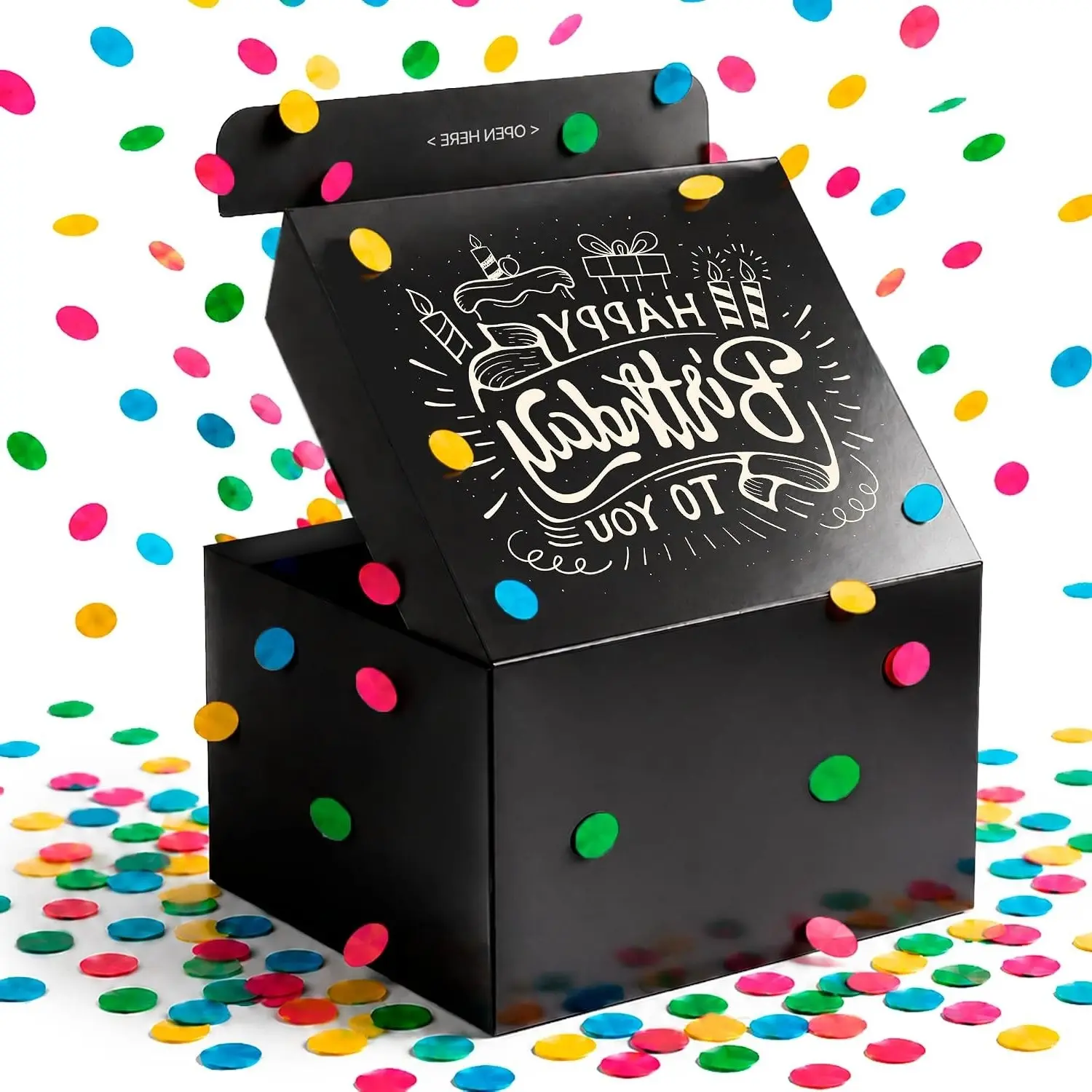 Gift Box Surprise Exploding Confetti Kit (Black Premium) Happy Birthday, Prank Pop Up 7.2x5.5x4.3 in.