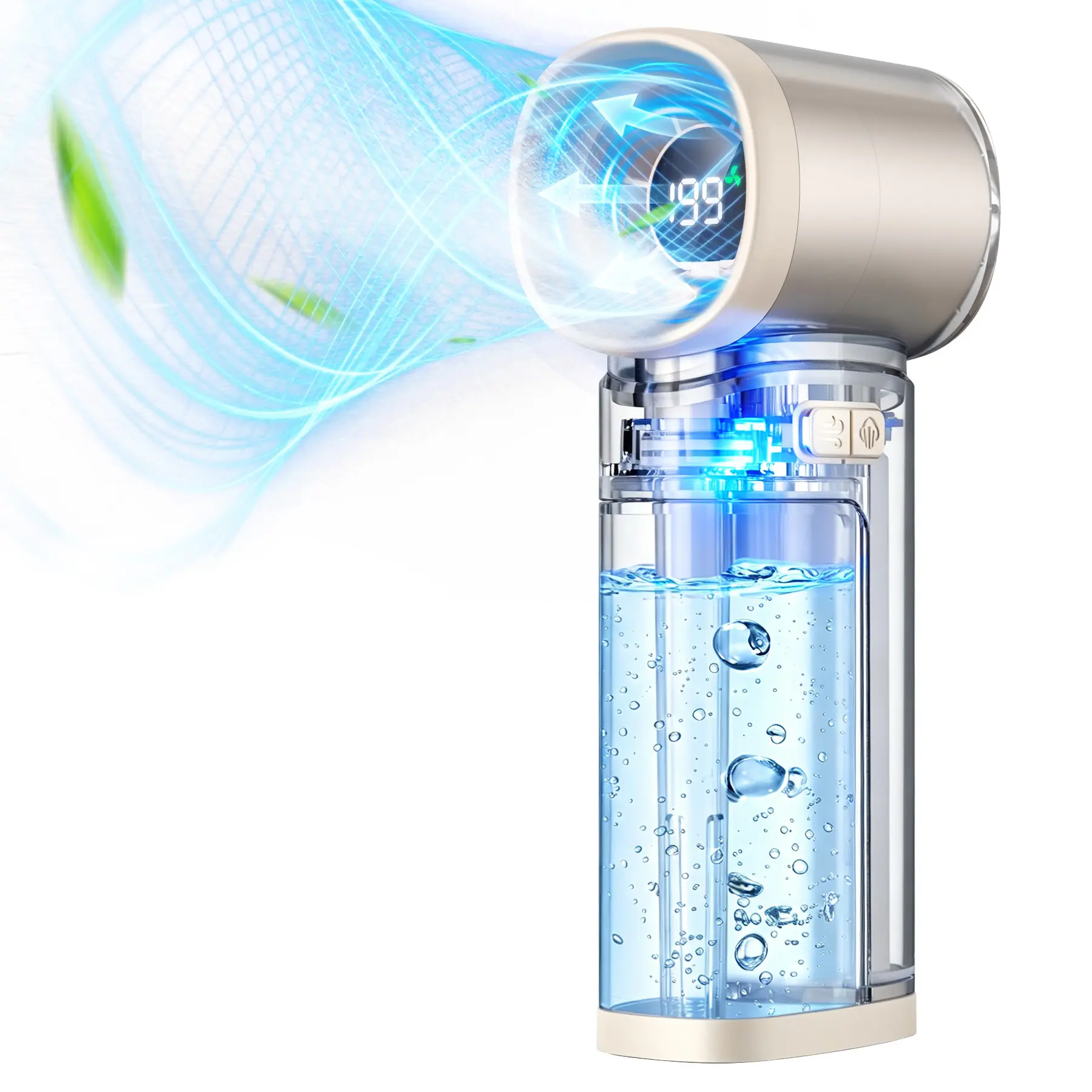 Portable Handheld Cooling Mist Fan - 199-Speed High Pressure Bladeless Fan with Nano Ice Mist, Rechargeable USB 5V Input, LED Display, Large Visual Water Tank, Compact Personal Cooler for Outdoor Travel, Home Office, Fans