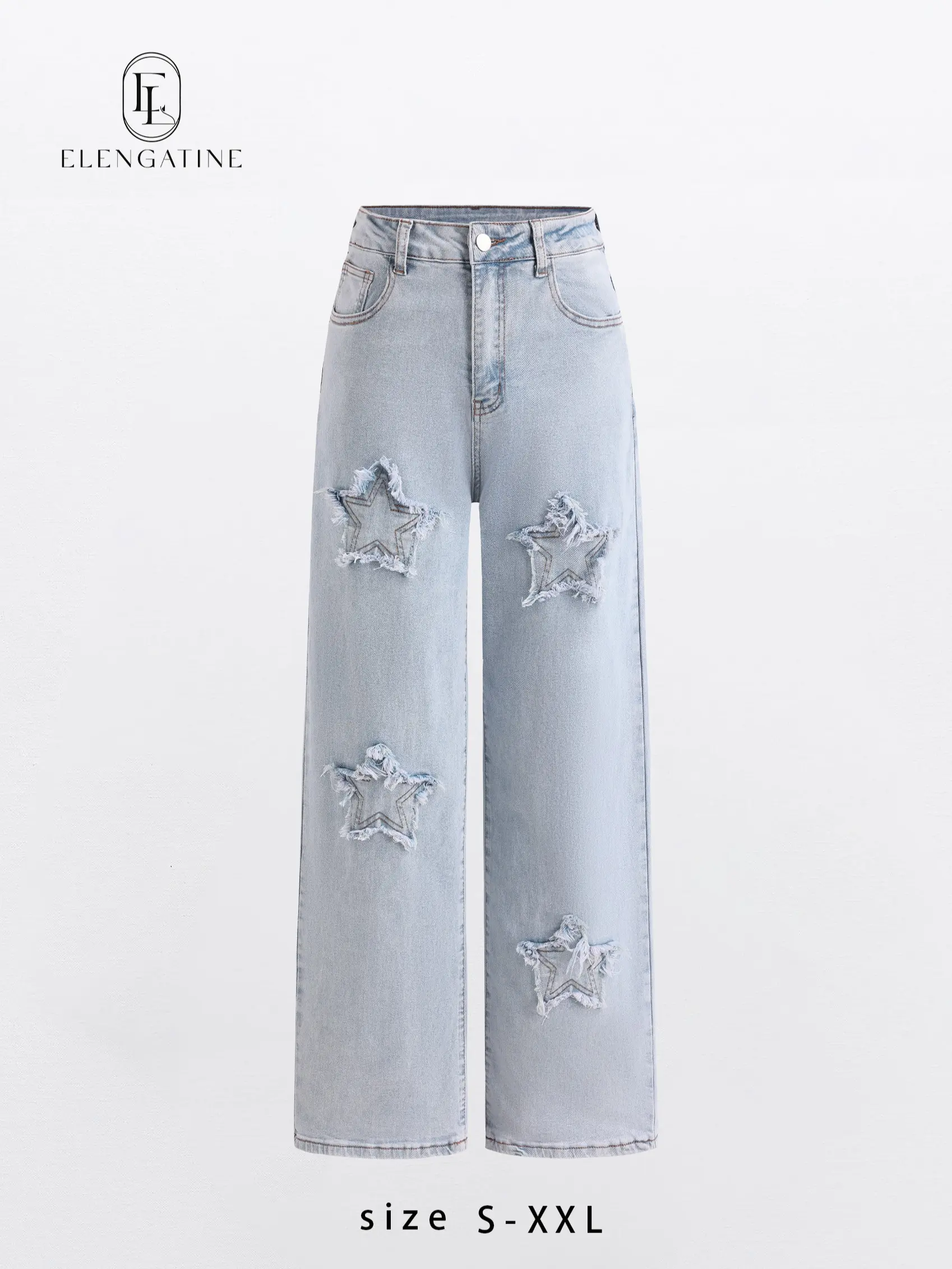 Elengatine Viral Star Patch Baggy Jeans for Women | Y2K High-Waisted Wide Leg Denim Pants | Distressed Star Detail, Streetwear Aesthetic | Loose Fit, Trendy & Comfortable | Perfect for Spring Summer Outfits, Daily Wear, Hip Hop Style & TikTok Trends
