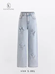 Elengatine Viral Star Patch Baggy Jeans for Women | Y2K Low Rise Wide Leg Denim Pants | Distressed Star Detail, Streetwear Aesthetic | Loose Fit, Trendy & Comfortable | Perfect for Spring Summer Outfits, Daily Wear, Hip Hop Style & TikTok  Trends BTN126