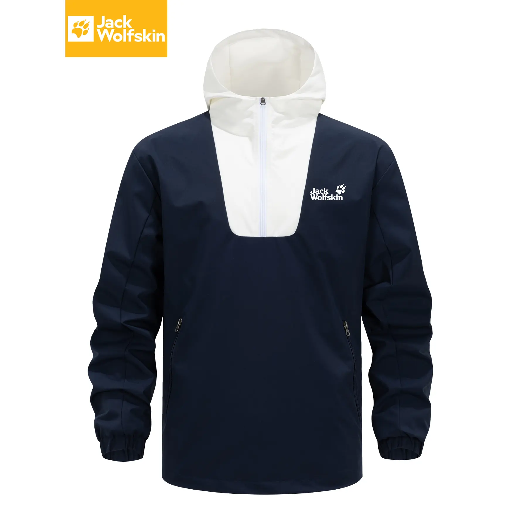 Men's Casual Windbreaker Jacket, Half-Zip Pullover Top with Adjustable Hood and Pockets, Contrast-Panel Design for an Urban Vibe, Jeans