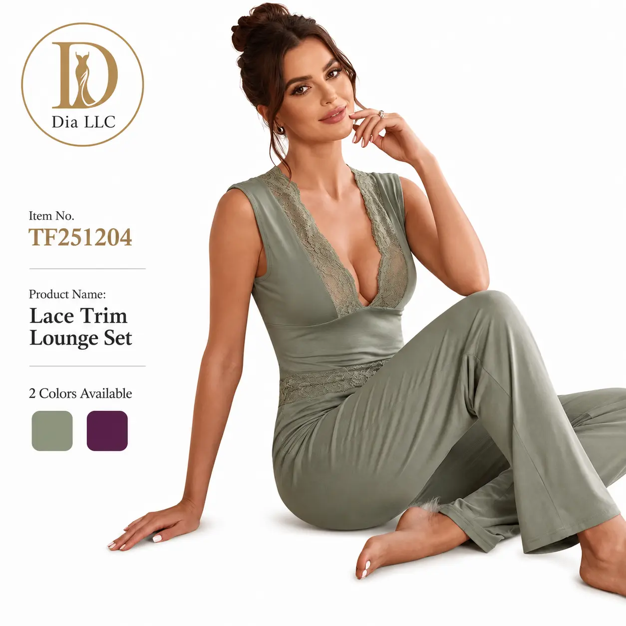 Dia LLC Lace Trim Deep V Neck Lounge Set for Women, Soft Modal Pajama Set, Sleeveless Jumpsuit with Wide Leg Pants, Elegant Homewear Outfit