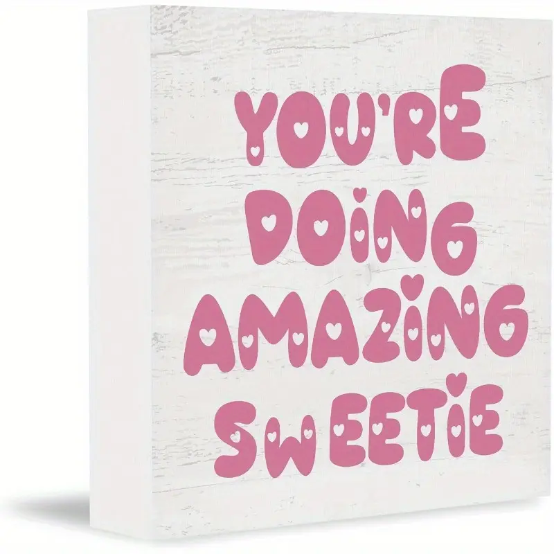 Trendy Coquette Girly Room Decor Wooden Box Sign, Inspirational Pink Preppy Trendy You're Doing Amazing Sweetie, Girls College Dorm Girly Desk Accessories for Wall Shelf Tabletop Decoration 5x5 inch