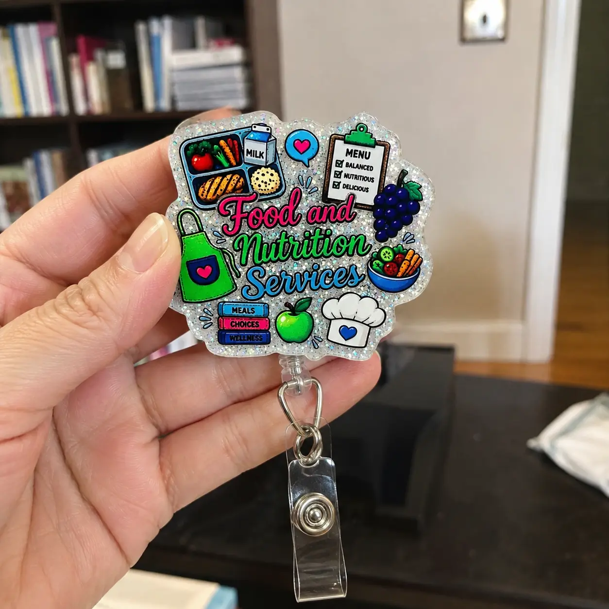 Food and Nutrition Services Badge Reel, Dietary Aide Glitter Acrylic Badge Holder, Retractable Clip Hospital School Cafeteria Staff