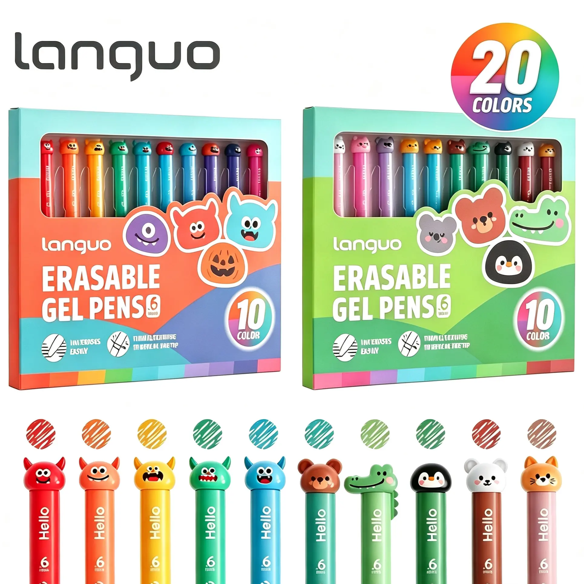 [Buy 1 Get 1 Free] Languo 10-Colors Erasable Gel Pen Set with 0.6mm Tip, Cute Monster/Animal Design with 10 Different Types, Ideas for Drawing, Writing, Painting, Notes and Daily Use, Safe Rotation Pen Tip Design For Teacher, Student, Nurse and Kid