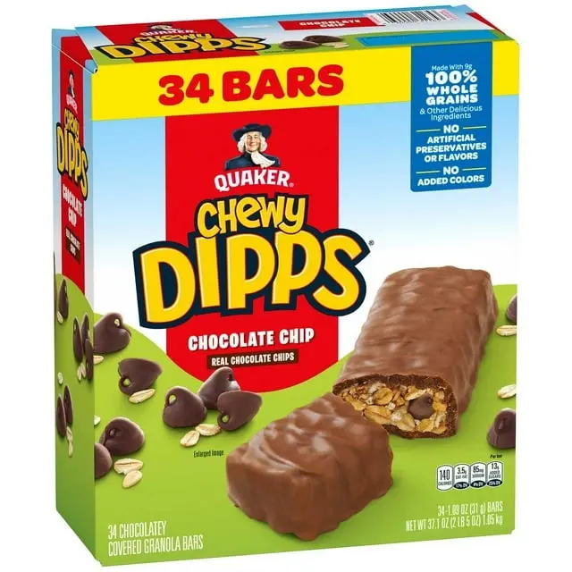 Chewy Dipps Granola Bars Chocolate Chip, 34 Count – Chocolate Coated Chewy Snack Bars with Whole Grains