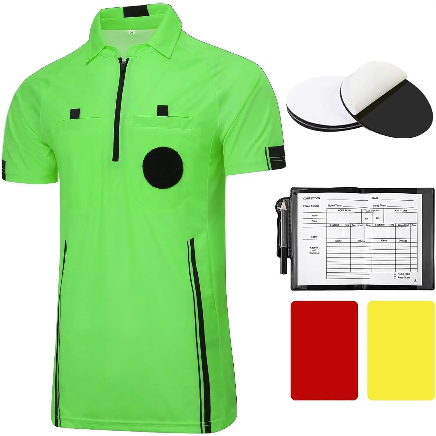 Pro Soccer Referee Shirt Jersey Short Sleeve Ref Costume Uniform with Badge Holder, Referee Wallet, Red & Yellow Cards