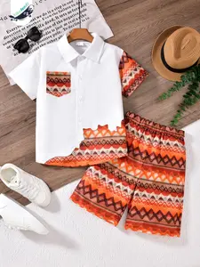 Kikofendy Boys' Fashion Vacation Style Colorblock Shirt & Casual Shorts Two-Piece Set, Stylish Summer, Comfortable and Trendy