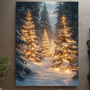 1 Piece 12x16inch Framed Canvas Wall Art - Snowy Pine Forest with Twinkling Lights, Farmhouse Style Christmas Decoration, Eco-friendly Wooden Frame High-grade Canvas Printing, Winter Warmth Holiday Home Decoration, Modern Home Decor, 2D Flat Artwork