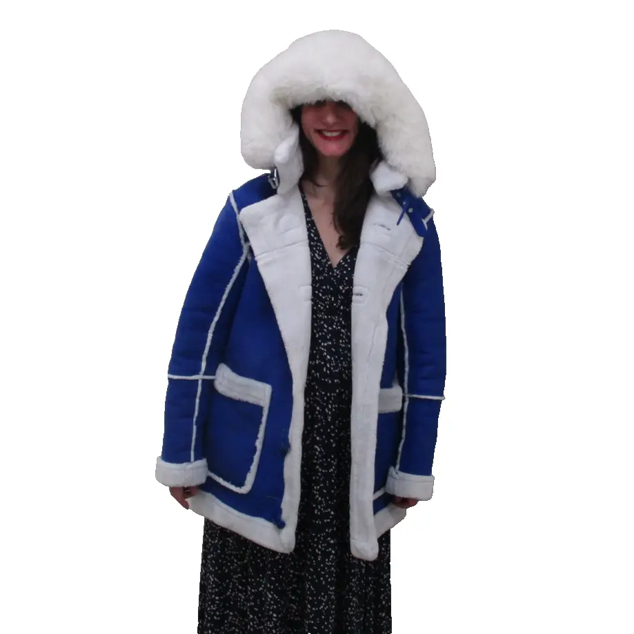 Jordan Craig Coat Womens Small Blue Faux Leather Hooded Fur Trim Shearling Parka Pre-Owned