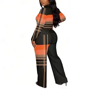 Trendy Plaid Matching Sets, Long Sleeve Wide Leg Pant Outfits, Women's Fashion 2PC Set Summervibes