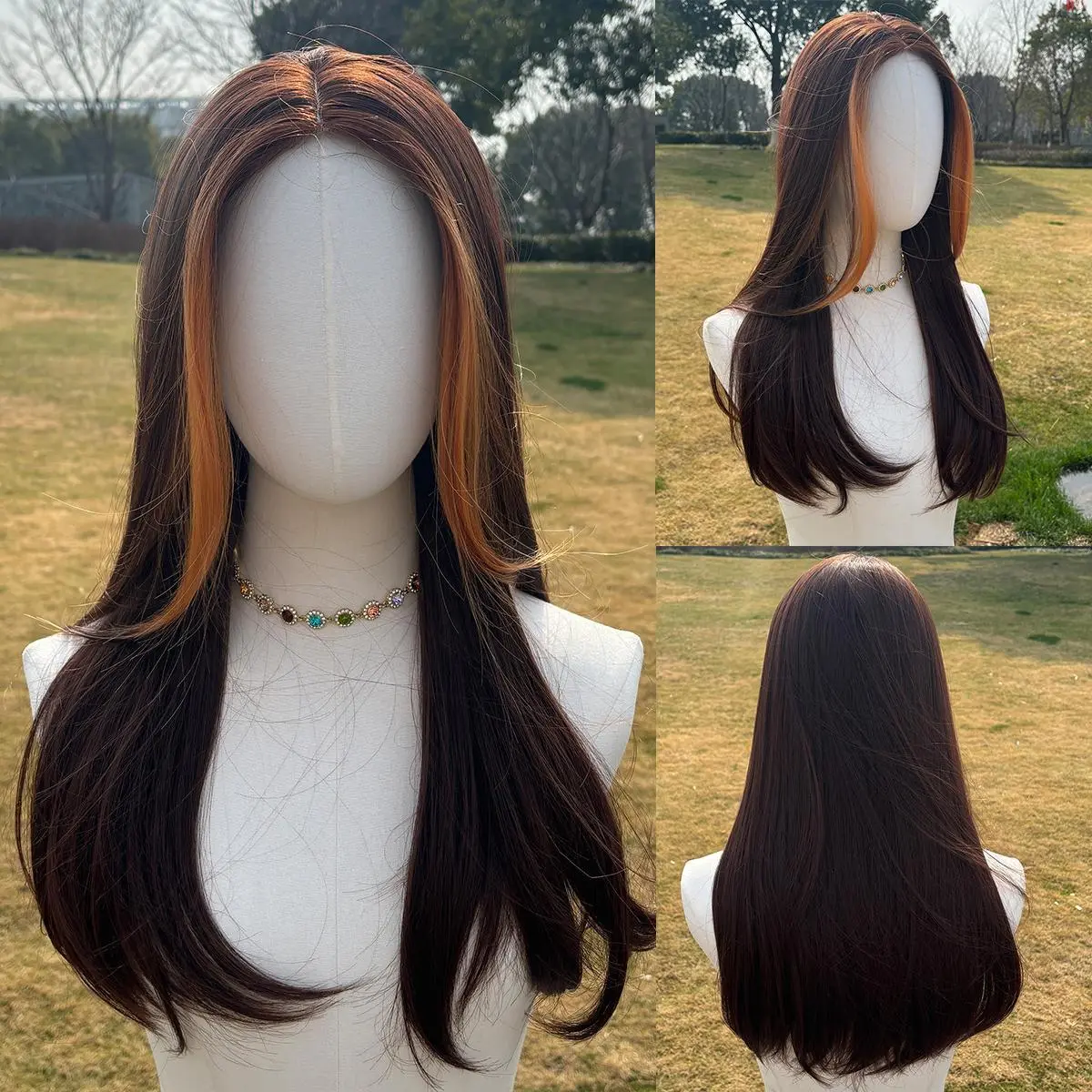 SMILCO/24 Inches Highlight Brown Platinum  0.5*6CM Small Lace Front Part Synthetic Wig/Long Straight Hair/SM1685