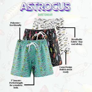 Pack of 3 Fishing Camo Mesh Shorts – Lightweight, Breathable, 5-Inch Inseam, Moisture-Wicking, Men’s Outdoor Athletic Wear with Fishing / Angler Pattern