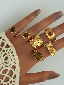6 Piece Set Geometric Metal Rings with Artificial Zircon Stones, Design, Tiger Eye Stone Ring for Holiday & Daily Wear, Gold Color Rings