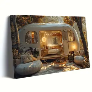 Country Style Travel Trailer Canvas Wall Art, Rustic Wooden Frame, Animal Theme Home Decor, Ideal Gift for All Occasions, Feather-Free - BK1714, Truck Decoration