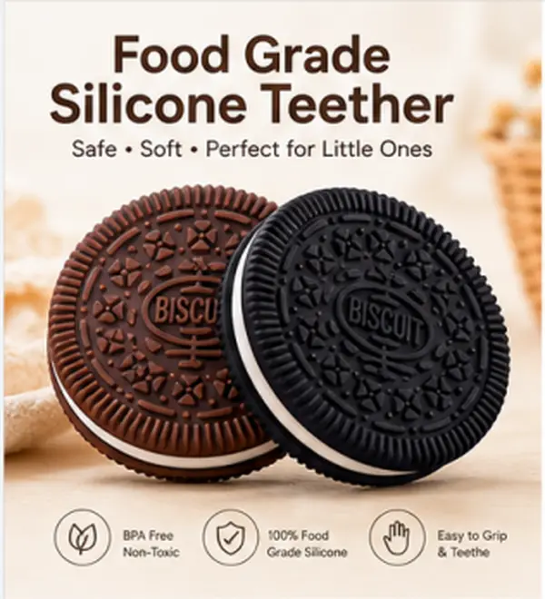 Food Grade Silicone Hand Teether Biscuit - BPA-Free, Non-Toxic, Waterproof, Lightweight, Fridge-Safe, High Color Fastness, Machine-Washable, Quick-Drying, Soft Easy-Grip Sensory Toy for 3+ Months & 6-9 Months Babies' Gum Relief