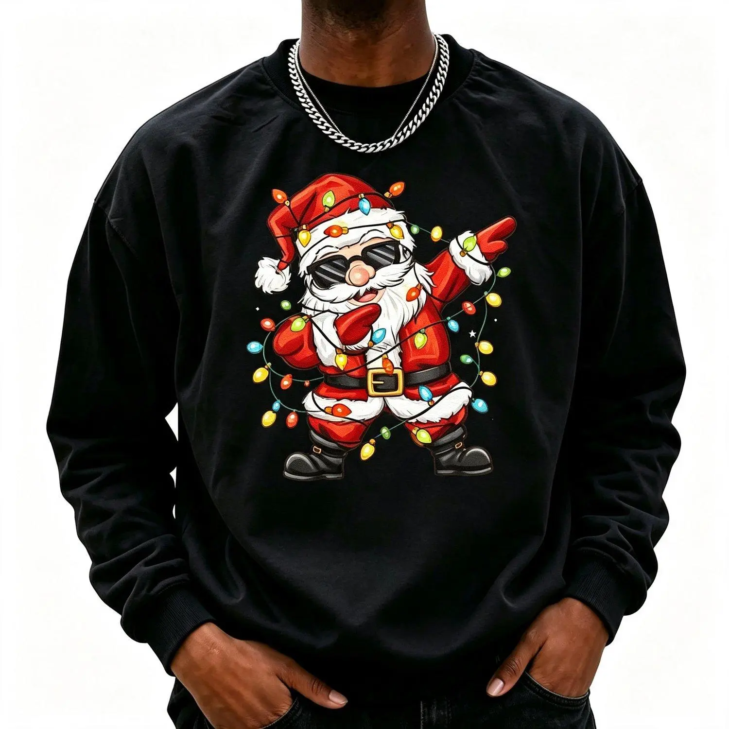 Dabbing Santa Christmas Lights Funny Cool Holiday Party Crew Neck Sweatshirt Pullover Top Stylish Trendy Casual Apparel