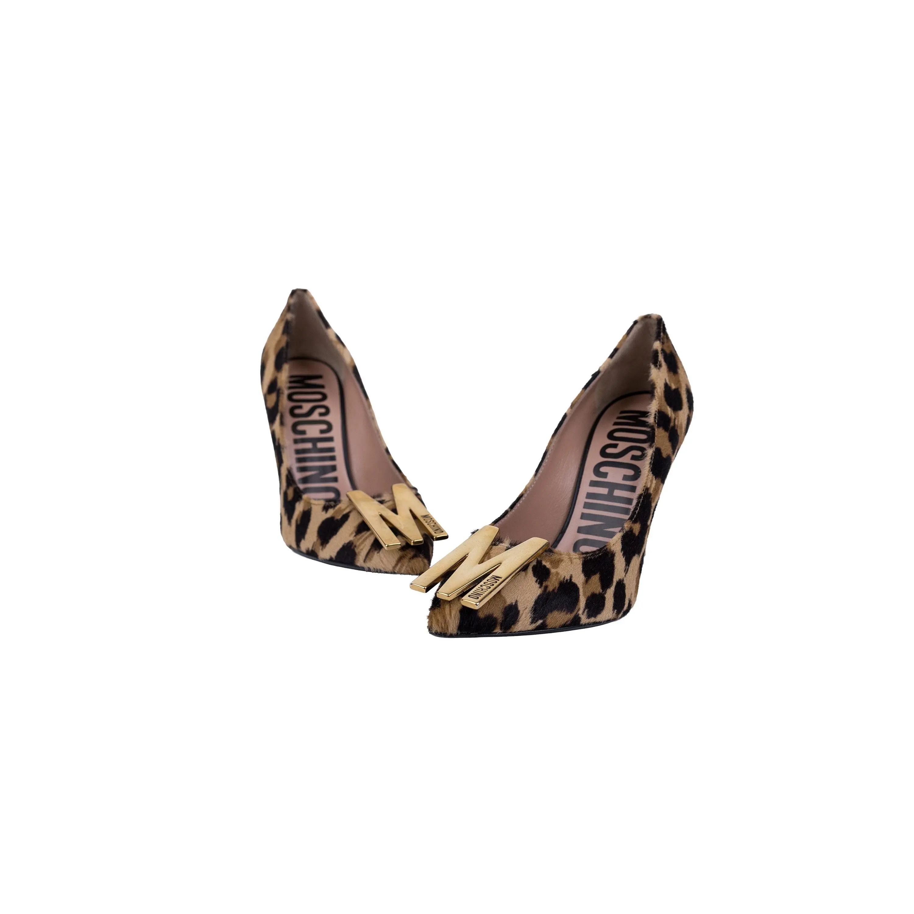 Moschino Brown Leopard-Print Calf Hair Logo Plaque Pump Size 35