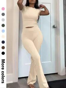 Women's Solid Fitted Crop Tee & Flare Leg Pants Set, Casual Fashion Cozy Round Neck Short Sleeve Top & Bell Bottom Trousers for Daily Outdoor Wear, Women's Clothing for Summer