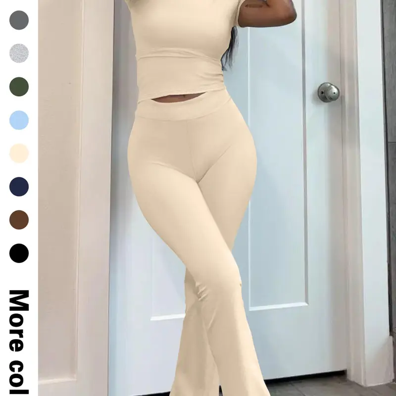 Women's Solid Basic Fitted Crop Tee & Flare Leg Pants Set Outfit, Casual Fashion Cozy Round Neck Short Sleeve Top & Bell Bottom Trousers for Daily Outdoor Wear, Women's Clothing Womenswear for Summer